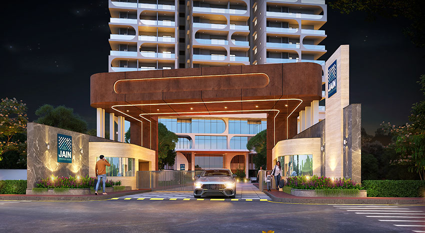 Official daytime render of the Jains Radhakrishna Bliss tower
