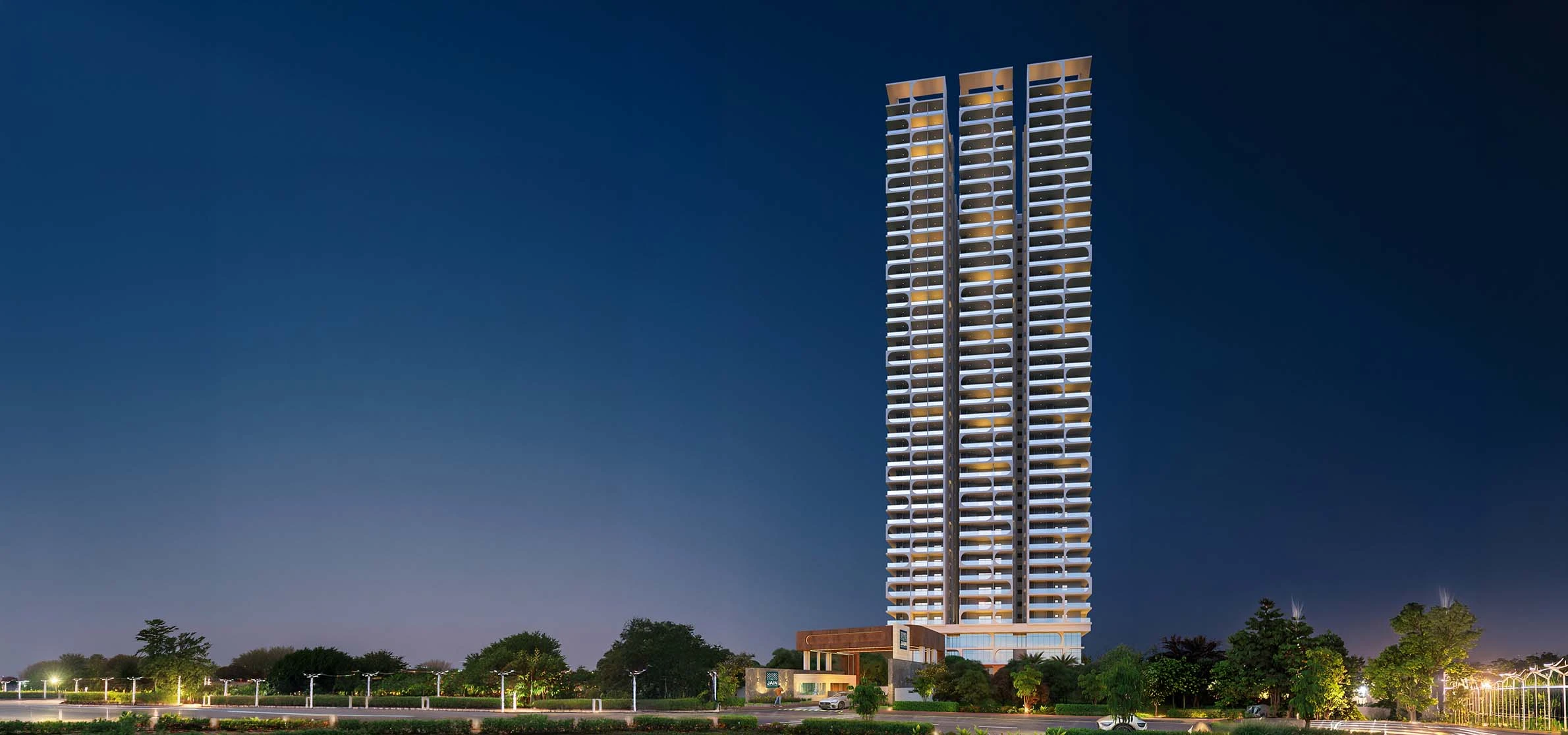 Architectural render of Jains Radhakrishna Bliss tower at dusk